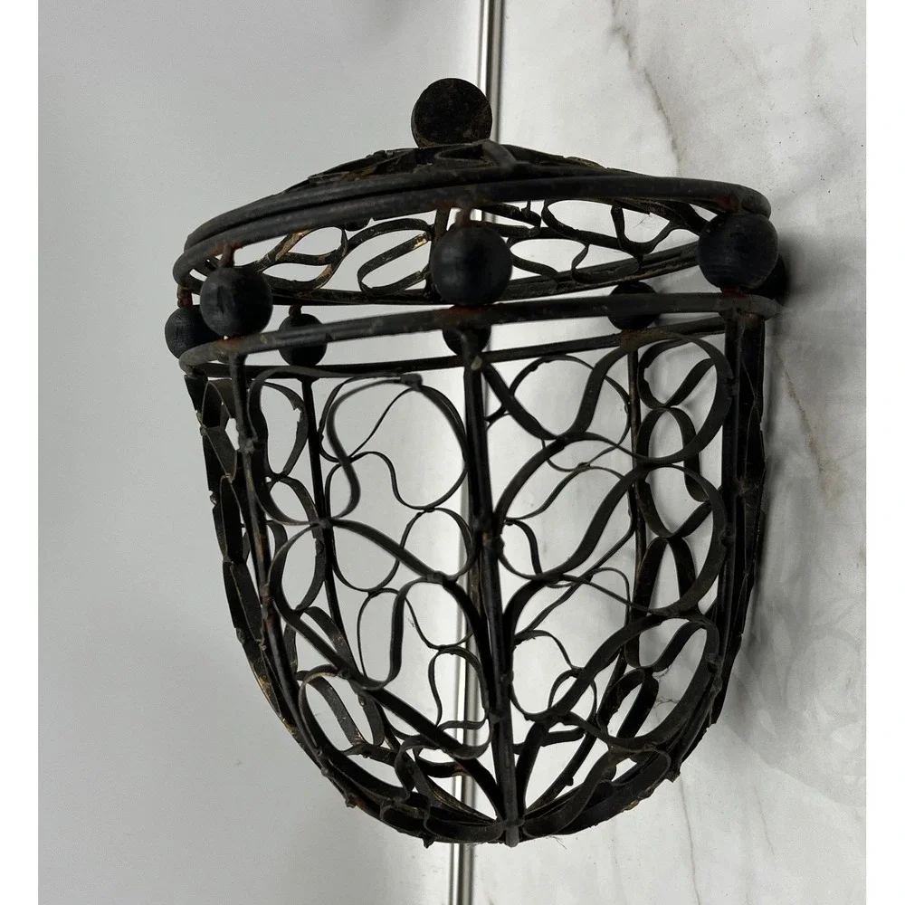 Vintage Wrought Iron Acorn Basket Decorative Scroll Wire Jar with Lid Fall Decor